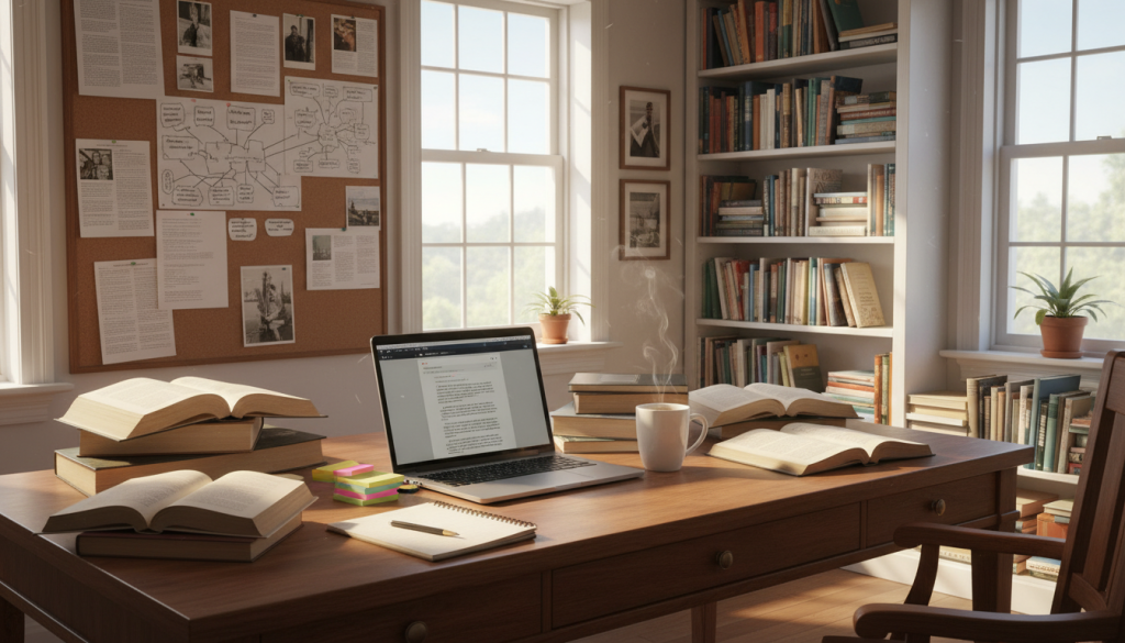 A cozy, well-lit workspace dedicated to researching nonfiction writing projects. In the foreground, a wooden desk cluttered with open books, notebooks, and a laptop displaying a document. A steaming cup of coffee sits beside a stack of colorful sticky notes. In the middle ground, a corkboard filled with pinned articles, photographs, and mind maps, showcasing a variety of research methods. In the background, large windows allow natural sunlight to flood the space, illuminating a wall lined with bookshelves filled with diverse literature. The atmosphere is warm and inspiring, evoking a sense of creativity and focus. The image should be captured from a slightly elevated angle to give a comprehensive view of this research haven. A cozy, well-lit workspace dedicated to researching nonfiction writing projects. In the foreground, a wooden desk cluttered with open books, notebooks, and a laptop displaying a document. A steaming cup of coffee sits beside a stack of colorful sticky notes. In the middle ground, a corkboard filled with pinned articles, photographs, and mind maps, showcasing a variety of research methods. In the background, large windows allow natural sunlight to flood the space, illuminating a wall lined with bookshelves filled with diverse literature. The atmosphere is warm and inspiring, evoking a sense of creativity and focus. The image should be captured from a slightly elevated angle to give a comprehensive view of this research haven.