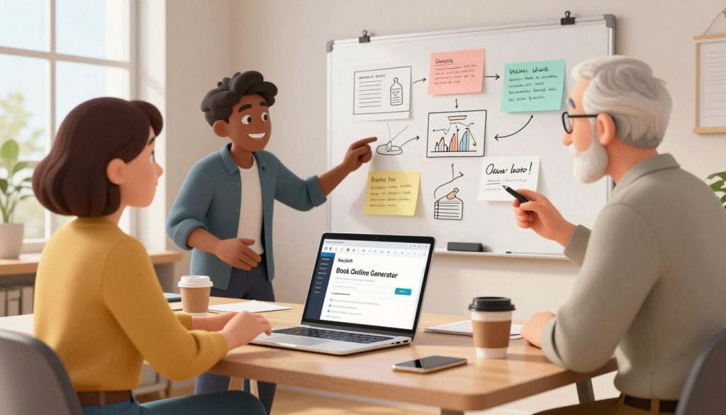 A cozy, well-lit workspace featuring a modern desk with a sleek laptop open to the Storyloft Book Outline Generator interface. In the foreground, a diverse group of three individuals – a middle-aged woman in smart casual wear, a young man in professional attire, and an elderly gentleman in comfortable clothing – enthusiastically discussing ideas with handwritten notes and coffee cups scattered around. The middle section showcases colorful outlines and diagrams on a whiteboard, illustrating their brainstorming process. In the background, large windows let in warm natural light, enhancing the inviting atmosphere. The overall mood is collaborative and inspiring, emphasizing creativity and productivity in memoir writing, inviting viewers to engage in their own writing journeys. A cozy, well-lit workspace featuring a modern desk with a sleek laptop open to the Storyloft Book Outline Generator interface. In the foreground, a diverse group of three individuals – a middle-aged woman in smart casual wear, a young man in professional attire, and an elderly gentleman in comfortable clothing – enthusiastically discussing ideas with handwritten notes and coffee cups scattered around. The middle section showcases colorful outlines and diagrams on a whiteboard, illustrating their brainstorming process. In the background, large windows let in warm natural light, enhancing the inviting atmosphere. The overall mood is collaborative and inspiring, emphasizing creativity and productivity in memoir writing, inviting viewers to engage in their own writing journeys.