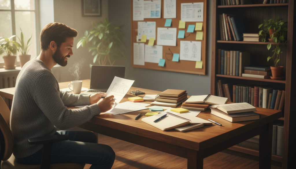 A cozy, well-lit workspace featuring a wooden desk cluttered with open notebooks, pens, and colorful sticky notes, symbolizing the balance between planning and flexibility. In the foreground, a focused writer, dressed in smart casual attire, thoughtfully reviews their outlines, looking both organized and open to new ideas. The middle ground includes a large corkboard filled with pinned pages, showcasing flexible adjustments and colorful ideas, while an organized bookshelf in the background suggests structure. Soft, warm lighting filters through a nearby window, creating an inviting atmosphere that encourages creativity and thoughtfulness. The composition captures the essence of dynamic planning, balancing structure with spontaneous innovation, emphasizing both the writer's intent and adaptable mindset in the outlining process.