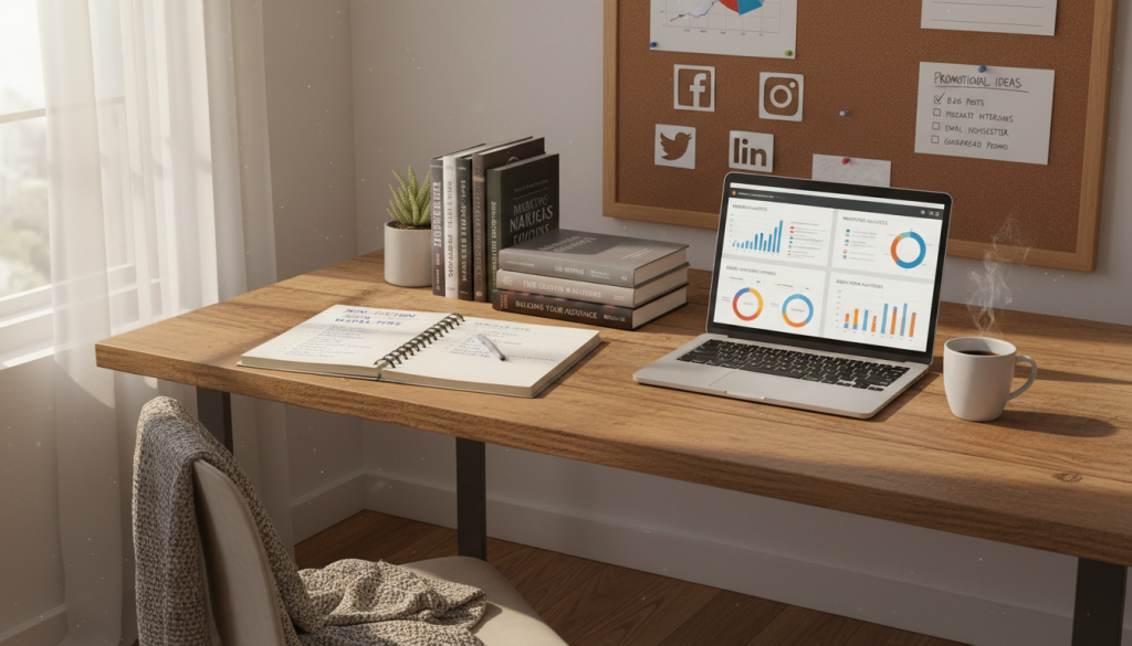 A cozy, well-lit workspace featuring a wooden desk with an open notebook filled with handwritten notes on non-fiction book writing tips. In the foreground, a steaming cup of coffee rests beside a laptop displaying marketing analytics and strategies. In the middle, a stack of well-organized books on writing and marketing is neatly arranged, with a potted plant adding a touch of greenery. In the background, a bulletin board displays visual reminders of marketing techniques, like social media icons and a checklist of promotional ideas. Soft, natural light filters in through a window, casting gentle shadows and creating an inviting atmosphere that encourages creativity and focus. The overall mood is inspirational and productive, highlighting the intersection of writing and marketing in a clear, professional manner.