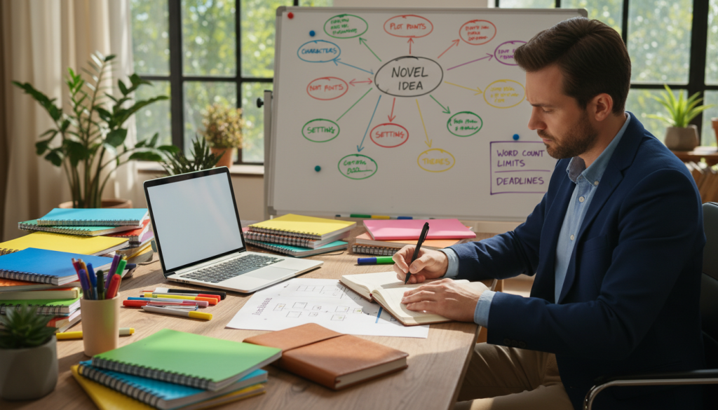 A cozy, well-lit workspace showcasing a large wooden desk overflowing with colorful notepads, pens, and an open laptop. In the foreground, a focused individual wearing professional business attire is engaged in writing, with a thoughtful expression as they review a structured chapter outline. In the middle, a whiteboard displays a colorful mind map with clear sections labeled by varying colors, representing creative ideas and writing limits. Behind, a window lets in soft, natural light, illuminating the room and casting gentle shadows. The overall atmosphere is productive and inspiring, emphasizing a sense of organization and creativity, ideal for fostering writing productivity. A cozy, well-lit workspace showcasing a large wooden desk overflowing with colorful notepads, pens, and an open laptop. In the foreground, a focused individual wearing professional business attire is engaged in writing, with a thoughtful expression as they review a structured chapter outline. In the middle, a whiteboard displays a colorful mind map with clear sections labeled by varying colors, representing creative ideas and writing limits. Behind, a window lets in soft, natural light, illuminating the room and casting gentle shadows. The overall atmosphere is productive and inspiring, emphasizing a sense of organization and creativity, ideal for fostering writing productivity.