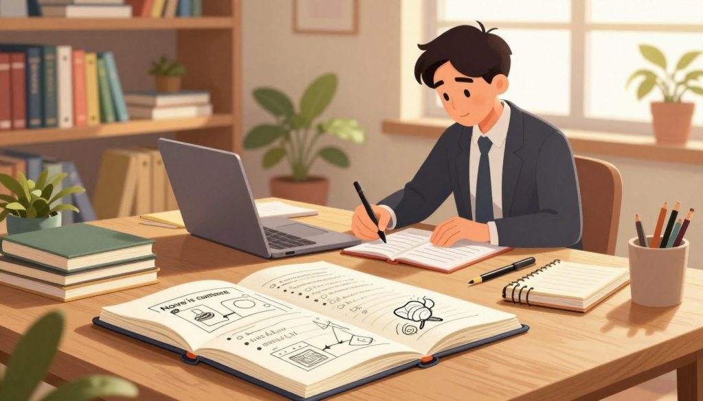 A cozy, well-lit workspace that showcases an inviting wooden desk cluttered with notebooks, pens, and a laptop, illustrating the process of novel outlining. In the foreground, an open notebook displays a detailed outline with bullet points and sketches, emphasizing a creative flow. In the middle, a focused author is seated, dressed in professional business attire, thoughtfully writing and referencing notes, exuding concentration and inspiration. The background features a warm bookshelf filled with various fiction books, plants for a touch of nature, and a window letting in soft, golden light, enhancing a calm and productive atmosphere. The scene conveys a sense of creativity and organization, making it ideal for a guide on novel outlining.