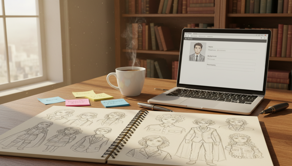 A cozy, well-lit writer's desk filled with essential tools for character development. In the foreground, an open notebook with hand-written sketches of various fictional characters, displaying different hairstyles, clothing styles, and physical attributes. Beside it, colorful sticky notes with personality traits and motivations. In the middle, a steaming cup of coffee, a pen, and a laptop showcasing character profiles on the screen. In the background, a bookshelf filled with classic literary works, and a window letting in warm sunlight, creating a vibrant and inviting atmosphere. Soft shadows enhance the focus on the desk items, conveying a mood of creativity and inspiration, inviting aspiring writers to dive into character creation.