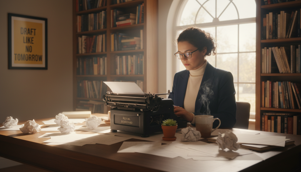 A cozy, well-lit writer's workshop scene capturing the book writing process. In the foreground, a wooden desk cluttered with scattered handwritten pages and a vintage typewriter, some sheets crumpled and others neatly stacked. A steaming cup of coffee and a small potted plant add warmth. In the middle, a thoughtful writer in professional attire, deeply engaged while typing, with a sunny window illuminating the surroundings. Background elements include shelves filled with books, a motivational poster on the wall, and natural light streaming in, creating a tranquil atmosphere. The mood is focused yet inspiring, evoking creativity and determination for drafting a first manuscript. A cozy, well-lit writer's workshop scene capturing the book writing process. In the foreground, a wooden desk cluttered with scattered handwritten pages and a vintage typewriter, some sheets crumpled and others neatly stacked. A steaming cup of coffee and a small potted plant add warmth. In the middle, a thoughtful writer in professional attire, deeply engaged while typing, with a sunny window illuminating the surroundings. Background elements include shelves filled with books, a motivational poster on the wall, and natural light streaming in, creating a tranquil atmosphere. The mood is focused yet inspiring, evoking creativity and determination for drafting a first manuscript.