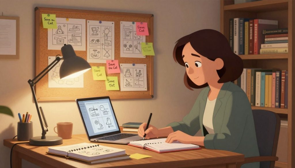 A cozy, well-lit writing nook featuring a professional writer seated at a wooden desk cluttered with notebooks, a laptop, and sticky notes illustrating "Save the Cat" concepts. In the foreground, the writer, a middle-aged woman in smart casual attire, is focused on her work, surrounded by a warm glow from a desk lamp. The middle ground showcases a corkboard filled with colorful post-it notes and storyboard sketches, highlighting various narrative points. The background includes a bookshelf filled with writing guides and classic novels, alluding to the writing process. Soft, ambient lighting creates a tranquil atmosphere, encouraging creativity and concentration. This scene captures the essence of effective novel writing using the "Save the Cat" method.