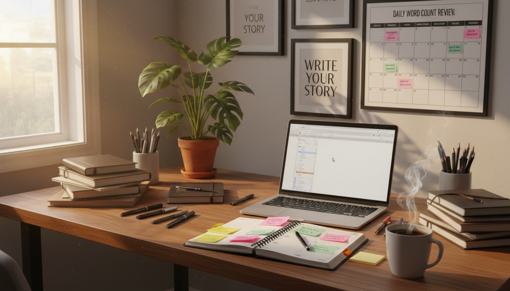 A cozy, well-lit writing nook featuring a sturdy wooden desk strewn with writing materials: notebooks, pens, and a laptop open to a blank document. In the foreground, a cup of steaming coffee sits beside a time management planner, its pages marked with colorful sticky notes representing writing deadlines. In the middle ground, a potted plant adds a touch of nature. The background shows a wall adorned with inspirational quotes and a calendar with scheduled writing sessions. Soft, warm light filters through a nearby window, creating a welcoming atmosphere that encourages creativity and focus. The scene conveys a mood of productivity and determination, inviting aspiring authors to establish their own writing routines. A cozy, well-lit writing nook featuring a sturdy wooden desk strewn with writing materials: notebooks, pens, and a laptop open to a blank document. In the foreground, a cup of steaming coffee sits beside a time management planner, its pages marked with colorful sticky notes representing writing deadlines. In the middle ground, a potted plant adds a touch of nature. The background shows a wall adorned with inspirational quotes and a calendar with scheduled writing sessions. Soft, warm light filters through a nearby window, creating a welcoming atmosphere that encourages creativity and focus. The scene conveys a mood of productivity and determination, inviting aspiring authors to establish their own writing routines.