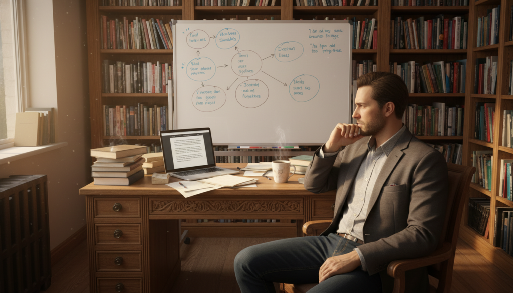 A cozy, well-lit writing nook featuring a vintage wooden desk cluttered with scattered notes, pens, and an open laptop displaying a half-written manuscript. In the foreground, a focused writer in smart casual attire sits with a thoughtful expression, surrounded by a cup of coffee and a stack of reference books. The middle ground shows a filled whiteboard with brainstorming ideas and outlines, while the background reveals shelves filled with fiction books and a window letting in warm sunlight. The atmosphere is inviting and inspiring, evoking determination and creativity, with soft, diffused lighting that casts gentle shadows. The angle is slightly elevated, capturing the writer's concentration and the creative chaos of the space. A cozy, well-lit writing nook featuring a vintage wooden desk cluttered with scattered notes, pens, and an open laptop displaying a half-written manuscript. In the foreground, a focused writer in smart casual attire sits with a thoughtful expression, surrounded by a cup of coffee and a stack of reference books. The middle ground shows a filled whiteboard with brainstorming ideas and outlines, while the background reveals shelves filled with fiction books and a window letting in warm sunlight. The atmosphere is inviting and inspiring, evoking determination and creativity, with soft, diffused lighting that casts gentle shadows. The angle is slightly elevated, capturing the writer's concentration and the creative chaos of the space.