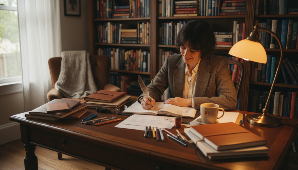 A cozy, well-lit writing nook filled with warm, inviting colors. In the foreground, a wooden desk cluttered with notebooks and pens, one open to a page filled with handwritten notes. A steaming cup of tea sits beside it, reflecting the gentle, soft light. In the middle ground, a person in professional attire, deeply engaged in writing, their face illuminated by a warm desk lamp, evoking a sense of concentration and passion for storytelling. The background features a bookshelf filled with memoirs and personal narratives, suggesting a rich history of diverse lives. A window lets in natural light, casting soft shadows, creating a peaceful, introspective atmosphere that celebrates the art of memoir writing. A cozy, well-lit writing nook filled with warm, inviting colors. In the foreground, a wooden desk cluttered with notebooks and pens, one open to a page filled with handwritten notes. A steaming cup of tea sits beside it, reflecting the gentle, soft light. In the middle ground, a person in professional attire, deeply engaged in writing, their face illuminated by a warm desk lamp, evoking a sense of concentration and passion for storytelling. The background features a bookshelf filled with memoirs and personal narratives, suggesting a rich history of diverse lives. A window lets in natural light, casting soft shadows, creating a peaceful, introspective atmosphere that celebrates the art of memoir writing.