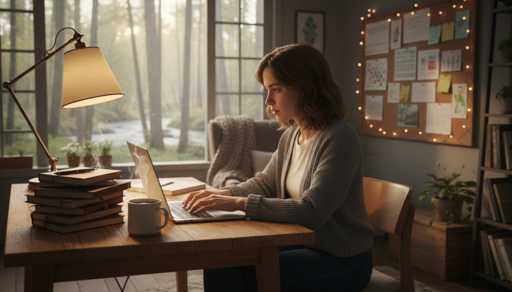 A cozy, well-lit writing nook serves as the setting for a focused individual writing the first draft of their book. In the foreground, a person in modest casual clothing sits at a wooden desk, typing intently on a laptop. Nearby, a stack of notebooks and a steaming mug of coffee suggest creativity in progress. The middle ground features a soft, warm light illuminating a bulletin board filled with notes and ideas, creating an inviting atmosphere. In the background, a large window reveals a serene view of nature, enhancing the peaceful, contemplative mood. The scene captures a blend of focus and inspiration, with a shallow depth of field to emphasize the writer's dedication. A cozy, well-lit writing nook serves as the setting for a focused individual writing the first draft of their book. In the foreground, a person in modest casual clothing sits at a wooden desk, typing intently on a laptop. Nearby, a stack of notebooks and a steaming mug of coffee suggest creativity in progress. The middle ground features a soft, warm light illuminating a bulletin board filled with notes and ideas, creating an inviting atmosphere. In the background, a large window reveals a serene view of nature, enhancing the peaceful, contemplative mood. The scene captures a blend of focus and inspiration, with a shallow depth of field to emphasize the writer's dedication.