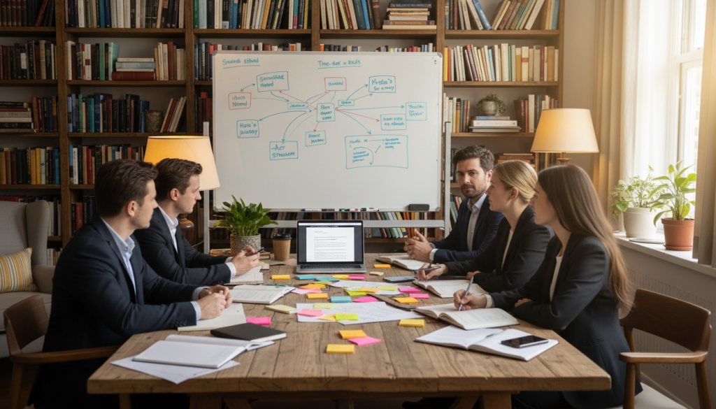 A cozy, well-lit writing space, featuring a large wooden desk cluttered with notebooks, pens, and an open laptop. In the foreground, a diverse group of writers, dressed in professional business attire, passionately discussing outlining methods, with sticky notes and diagrams spread across the table. The middle ground showcases a large whiteboard filled with colorful mind maps and bullet points outlining various writing techniques, such as the Snowflake Method, the Hero’s Journey, and Three-Act Structure. In the background, bookshelves filled with classic literature and writing guides evoke an atmosphere of creativity and inspiration. Soft, warm lighting from a nearby lamp creates an inviting, focused mood, while a window allows natural light to filter in, adding to the productive ambiance of this brainstorming session. A cozy, well-lit writing space, featuring a large wooden desk cluttered with notebooks, pens, and an open laptop. In the foreground, a diverse group of writers, dressed in professional business attire, passionately discussing outlining methods, with sticky notes and diagrams spread across the table. The middle ground showcases a large whiteboard filled with colorful mind maps and bullet points outlining various writing techniques, such as the Snowflake Method, the Hero’s Journey, and Three-Act Structure. In the background, bookshelves filled with classic literature and writing guides evoke an atmosphere of creativity and inspiration. Soft, warm lighting from a nearby lamp creates an inviting, focused mood, while a window allows natural light to filter in, adding to the productive ambiance of this brainstorming session.