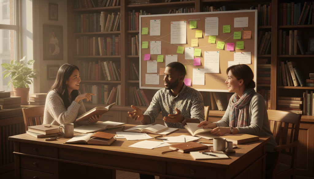 A cozy, well-lit writing studio featuring a vintage wooden desk cluttered with open notebooks, pens, and a steaming cup of coffee. In the foreground, a diverse group of three writers—one woman of Asian descent, one man of African descent, and one woman of Caucasian descent—are engaged in a lively discussion about crafting dialogue. They are dressed in smart casual attire, embodying creativity and collaboration. The middle ground displays a large corkboard filled with colorful sticky notes, plot outlines, and dialogue snippets, suggesting a brainstorming session. The background shows bookshelves lined with classic literature, and sunlight streams through a window, creating a warm, inviting atmosphere. The overall mood is inspiring and productive, emphasizing the importance of dialogue in writing.