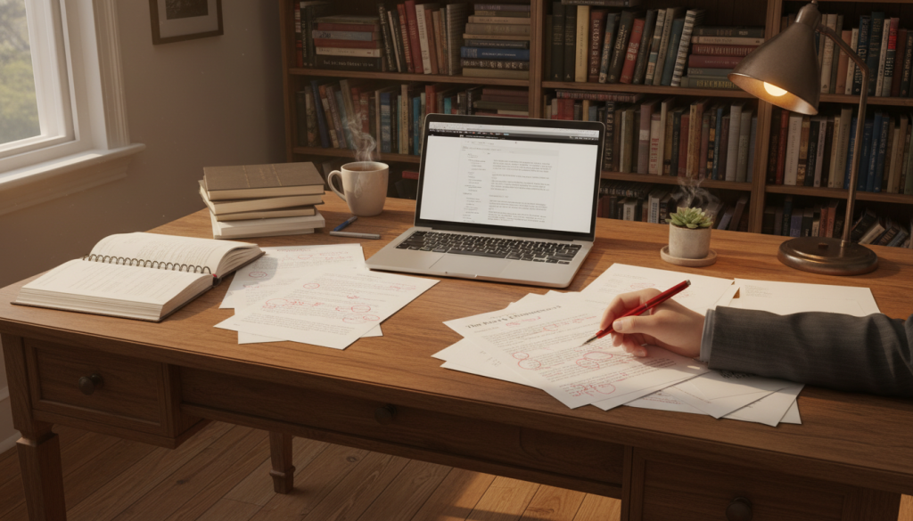 A cozy, well-lit writing workspace featuring a wooden desk cluttered with notebooks, a laptop, and scattered papers marked with red editing marks. In the foreground, a pair of hands, wearing professional business attire, is seen holding a pen, deeply focused on revising a page of creative nonfiction writing. In the middle ground, a bookshelf filled with writing guides and classics in creative nonfiction looms, creating an intellectual backdrop. Soft natural light streams in through a nearby window, casting gentle shadows that enhance the warm atmosphere. The scene conveys a sense of dedication and inspiration, ideal for the poignant process of editing and revising, where creativity meets meticulous attention to detail. A cozy, well-lit writing workspace featuring a wooden desk cluttered with notebooks, a laptop, and scattered papers marked with red editing marks. In the foreground, a pair of hands, wearing professional business attire, is seen holding a pen, deeply focused on revising a page of creative nonfiction writing. In the middle ground, a bookshelf filled with writing guides and classics in creative nonfiction looms, creating an intellectual backdrop. Soft natural light streams in through a nearby window, casting gentle shadows that enhance the warm atmosphere. The scene conveys a sense of dedication and inspiration, ideal for the poignant process of editing and revising, where creativity meets meticulous attention to detail.