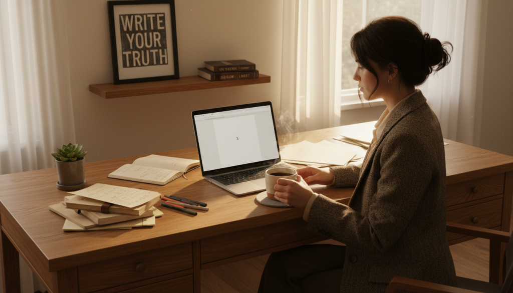 A cozy, well-organized desk scene depicting the personal narrative writing process. In the foreground, a thoughtful writer, dressed in professional attire, sits at a wooden desk, surrounded by notebooks filled with handwritten notes and a laptop open with a blank document. Nearby, a steaming cup of coffee sits on a coaster, and a small potted plant adds a touch of greenery. The middle ground features scattered papers and a motivational quote framed on the wall, while books on writing techniques lined up neatly on a shelf provide an additional layer of inspiration. In the background, natural light streams in through a window, casting soft, warm shadows that create an inviting atmosphere for creativity. The overall mood is reflective and focused, perfect for exploring powerful personal narratives.