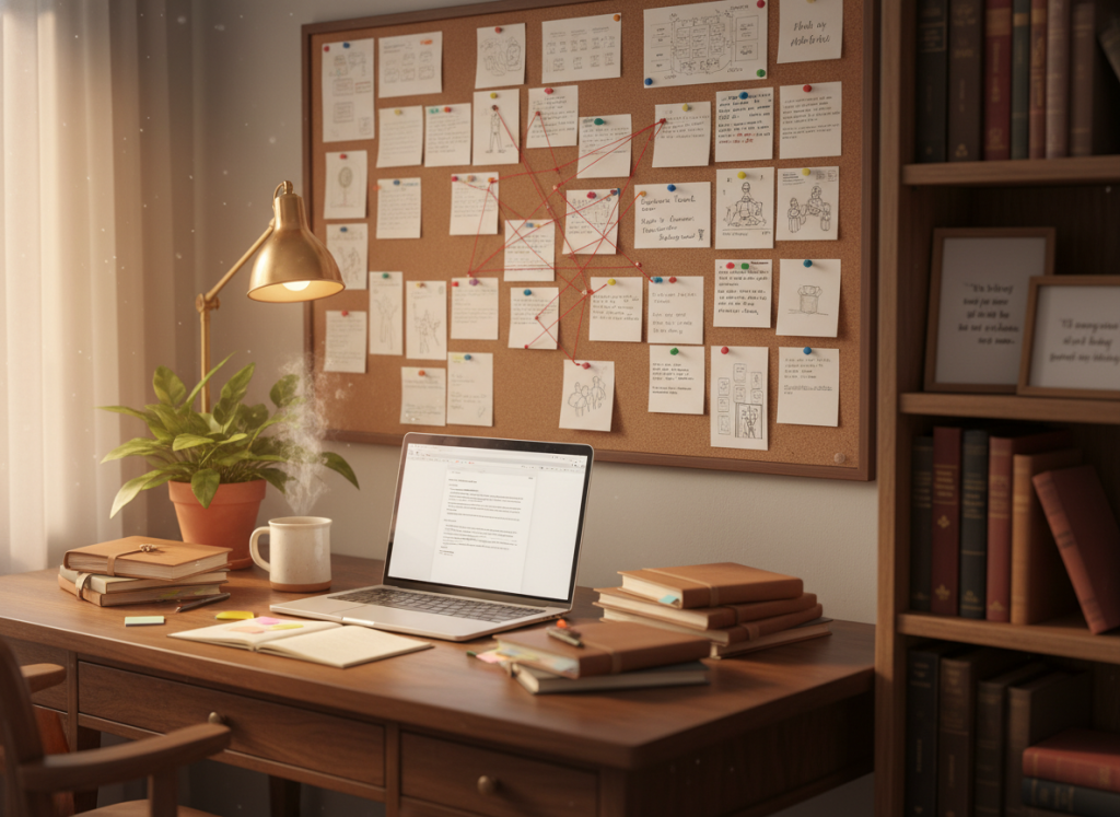 A cozy, well-organized workspace filled with writing tools and inspiration for novel writing. In the foreground, a sleek wooden desk adorned with an open laptop, notebooks stacked with colorful tabs, and a steaming mug of coffee. A potted plant and a small desk lamp cast warm light on the scene. In the middle ground, a large corkboard covered in notes and a mind map connecting ideas for characters and plots, showcasing a structured planning process. The background features a bookshelf filled with classic novels and writing guides, softly blurred to enhance depth. The overall atmosphere is creative and focused, conveying the excitement and dedication of taking a novel from an initial idea to a polished manuscript. Warm, natural lighting enhances the inviting mood, with a slight tilt-angle perspective to create dynamism.