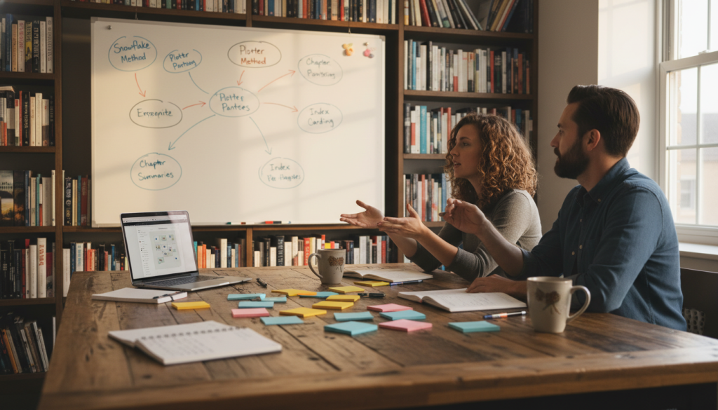 A cozy workspace featuring a diverse group of three professionals engaged in a brainstorming session over outlining methods for writing a book. In the foreground, a wooden table is strewn with colorful sticky notes, notebooks, and a laptop, creating an atmosphere of creativity and collaboration. In the middle, two individuals, one male and one female, are animatedly discussing ideas while pointing at a large whiteboard filled with various outlining techniques. In the background, a well-lit bookshelf filled with writing guides and novels adds depth and context. The scene is illuminated by warm, natural light streaming through a window, enhancing a productive and inspiring mood. The focus is clear and inviting, ideal for illustrating the selection of outlining methods.
