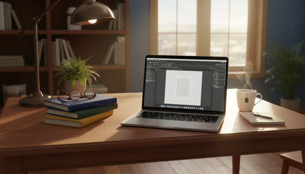 A cozy workspace featuring an elegant desk filled with tools for book formatting fundamentals. In the foreground, an open laptop displays software with a clear layout for a book's interior design. Beside it, a stack of well-organized, colorful manuscripts and a pair of stylish eyeglasses. In the middle, a soft light illuminates a neatly arranged bookshelf filled with various writing and publishing guides, hinting at knowledge and creativity. The background shows a window with natural sunlight streaming in, creating a warm and inviting atmosphere. Add a potted plant for a touch of greenery. Capture the mood of inspiration and professionalism, using warm lighting to enhance the welcoming vibe of the setting.