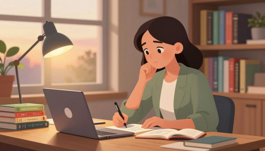 A cozy workspace scene featuring a woman in professional casual attire, sitting at a wooden desk with a laptop open to the Storyloft Free Book Outline Generator webpage. She has a thoughtful expression while jotting down ideas in a notebook, surrounded by romance novels stacked nearby. A warm lamp casts a welcoming glow, illuminating her focused face. In the background, a window reveals a soft sunset, enhancing the romantic atmosphere. A bookshelf filled with colorful book spines lines one wall, while a potted plant adds a touch of greenery. The overall mood is inspiring and creative, reflecting the excitement of outlining a romance novel. The composition should capture a sense of productivity and passion for storytelling, with soft focus on the background to emphasize the main subject.