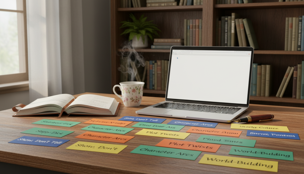 A cozy workspace scene filled with inspiration for storytelling. In the foreground, a wooden desk scattered with colorful writing prompts on slips of paper, each showcasing different storytelling techniques like "Show, Don't Tell" and "Character Arcs." A high-quality fountain pen rests beside an open notebook with scribbled ideas. In the middle ground, a warm cup of tea steams gently next to a laptop with a blank document open, inviting creativity. The background displays a bookshelf filled with classic novels and a potted plant for a touch of nature. Soft, diffused lighting illuminates the scene, creating a welcoming atmosphere. The composition is inviting and encourages budding writers to explore their creativity. A cozy workspace scene filled with inspiration for storytelling. In the foreground, a wooden desk scattered with colorful writing prompts on slips of paper, each showcasing different storytelling techniques like "Show, Don't Tell" and "Character Arcs." A high-quality fountain pen rests beside an open notebook with scribbled ideas. In the middle ground, a warm cup of tea steams gently next to a laptop with a blank document open, inviting creativity. The background displays a bookshelf filled with classic novels and a potted plant for a touch of nature. Soft, diffused lighting illuminates the scene, creating a welcoming atmosphere. The composition is inviting and encourages budding writers to explore their creativity.