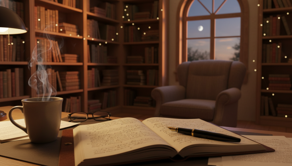 A cozy writer's desk in the foreground, featuring an open notebook filled with handwritten notes and a vintage fountain pen, resting beside a steaming mug of coffee. In the middle, a serene room bathed in warm, ambient lighting, with bookshelves lined with novels and a window showing the soft glow of twilight. The background includes a comfortable armchair positioned near the desk, inviting deep thought and reflection. The mood conveys inspiration and focus, capturing the essence of crafting powerful chapter endings that engage readers. The scene is viewed from a slightly elevated angle, providing depth and highlighting the creative atmosphere, devoid of distractions or clutter. A cozy writer's desk in the foreground, featuring an open notebook filled with handwritten notes and a vintage fountain pen, resting beside a steaming mug of coffee. In the middle, a serene room bathed in warm, ambient lighting, with bookshelves lined with novels and a window showing the soft glow of twilight. The background includes a comfortable armchair positioned near the desk, inviting deep thought and reflection. The mood conveys inspiration and focus, capturing the essence of crafting powerful chapter endings that engage readers. The scene is viewed from a slightly elevated angle, providing depth and highlighting the creative atmosphere, devoid of distractions or clutter.