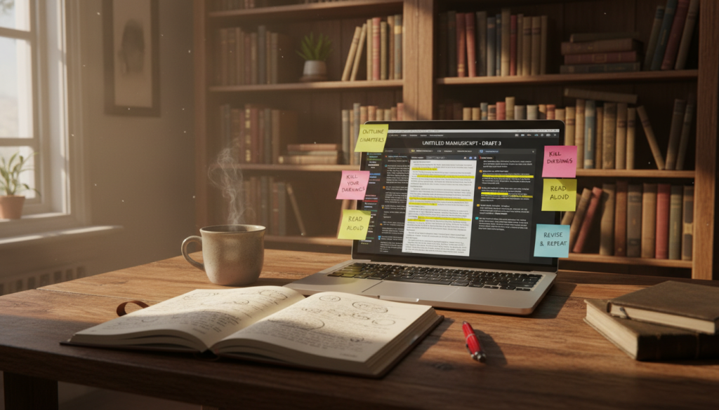 A cozy writer's workspace filled with books and writing tools. In the foreground, a wooden table is cluttered with an open notebook filled with handwritten notes, a red pen, and a steaming mug of coffee. In the middle, a laptop displays a manuscript with highlighted sections and revision notes, surrounded by sticky notes with tips for improving writing. The background showcases a warm, inviting bookshelf filled with various genres of books, casting soft shadows. Natural light streams in from a nearby window, illuminating the scene and creating an inspirational atmosphere. The mood is focused yet relaxed, embodying the revision and editing process for aspiring authors.