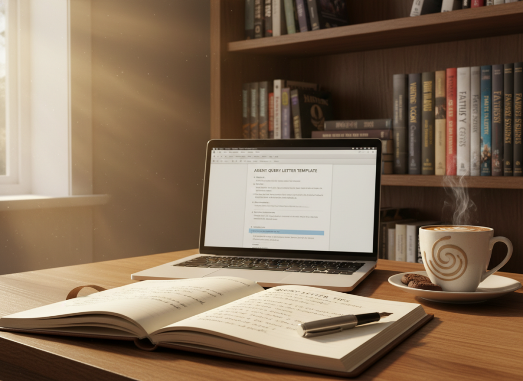A cozy writing desk illuminated by soft, warm light from a nearby window. In the foreground, an open notebook filled with handwritten notes about query letter tips and a sleek pen positioned beside it. In the middle, a laptop displaying an agent query letter template, with a steaming cup of coffee nearby, exuding a relaxed, productive atmosphere. The background features a bookshelf lined with writing guides and novels, adding depth and context to the scene. The overall mood should feel inviting and inspiring, encouraging aspiring authors to engage with their writing process. Soft shadows should enhance the warm glow, capturing a serene and focused workspace vibe. A cozy writing desk illuminated by soft, warm light from a nearby window. In the foreground, an open notebook filled with handwritten notes about query letter tips and a sleek pen positioned beside it. In the middle, a laptop displaying an agent query letter template, with a steaming cup of coffee nearby, exuding a relaxed, productive atmosphere. The background features a bookshelf lined with writing guides and novels, adding depth and context to the scene. The overall mood should feel inviting and inspiring, encouraging aspiring authors to engage with their writing process. Soft shadows should enhance the warm glow, capturing a serene and focused workspace vibe.