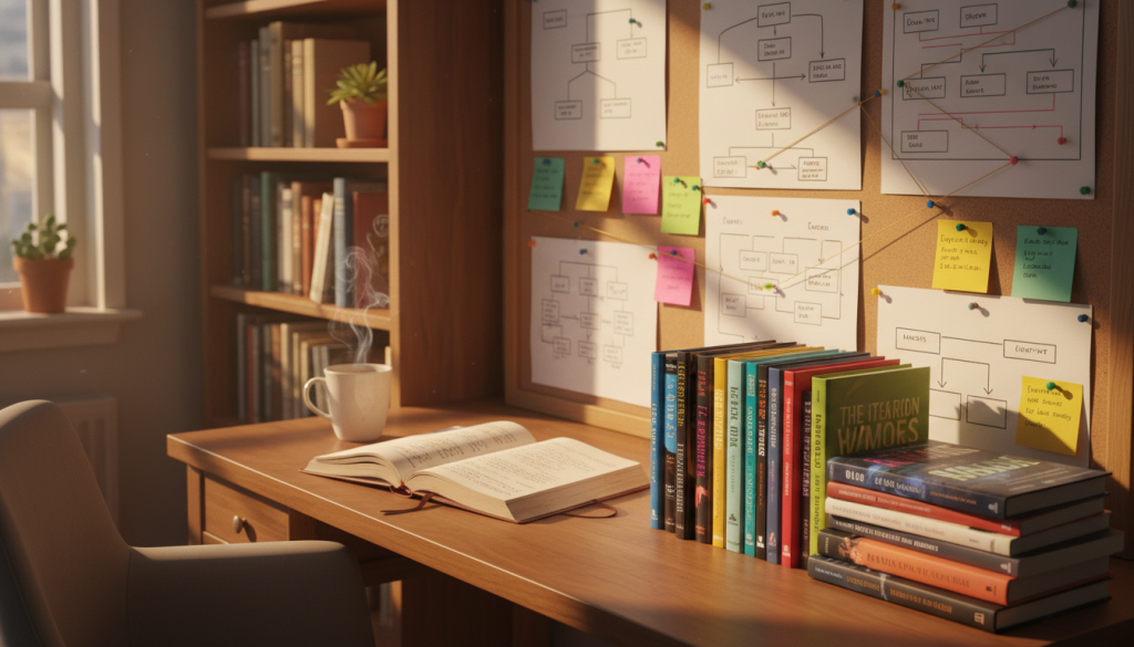 A cozy writing desk in a softly lit room, featuring an open book with handwritten notes and a cup of steaming coffee. In the foreground, a neatly arranged stack of bestselling novels, showcasing their colorful spines, conveys a sense of literary achievement. The middle ground includes a large bulletin board displaying diverse chapter structures and paragraph patterns, highlighted with colorful pins and sticky notes. The background features warm wooden shelves filled with more books and a small potted plant adding a touch of green. The lighting is warm and inviting, creating an atmosphere of inspiration and creativity, as if inviting the viewer to dive into the world of writing and storytelling. The scene captures the essence of a writer's sanctuary, focusing on the organization and patterns found in popular novels. A cozy writing desk in a softly lit room, featuring an open book with handwritten notes and a cup of steaming coffee. In the foreground, a neatly arranged stack of bestselling novels, showcasing their colorful spines, conveys a sense of literary achievement. The middle ground includes a large bulletin board displaying diverse chapter structures and paragraph patterns, highlighted with colorful pins and sticky notes. The background features warm wooden shelves filled with more books and a small potted plant adding a touch of green. The lighting is warm and inviting, creating an atmosphere of inspiration and creativity, as if inviting the viewer to dive into the world of writing and storytelling. The scene captures the essence of a writer's sanctuary, focusing on the organization and patterns found in popular novels.