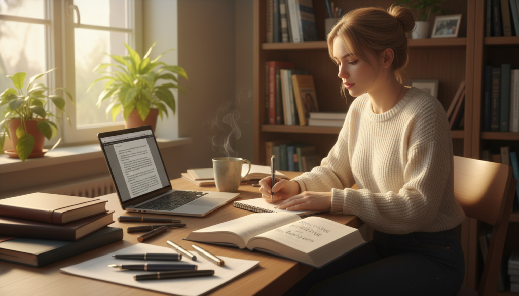 A cozy writing desk in a sunlit room, featuring an organized assortment of writing tools: notebooks, pens, and a laptop displaying a partially typed document. In the foreground, an open book titled "Revising and Editing Techniques" lies next to a cup of steaming coffee. The middle ground showcases a focused writer, a young woman in smart casual attire, pen in hand, revising her notes thoughtfully. The background features a bookshelf lined with nonfiction resources and a window with soft, natural light filtering through plants. The warm color palette creates an inviting atmosphere, emphasizing concentration and creativity in the revision process. A cozy writing desk in a sunlit room, featuring an organized assortment of writing tools: notebooks, pens, and a laptop displaying a partially typed document. In the foreground, an open book titled "Revising and Editing Techniques" lies next to a cup of steaming coffee. The middle ground showcases a focused writer, a young woman in smart casual attire, pen in hand, revising her notes thoughtfully. The background features a bookshelf lined with nonfiction resources and a window with soft, natural light filtering through plants. The warm color palette creates an inviting atmosphere, emphasizing concentration and creativity in the revision process.