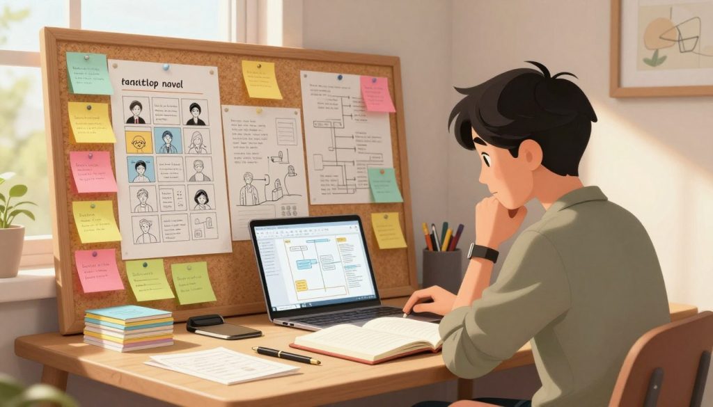 A cozy writing desk is filled with colorful sticky notes and neatly organized index cards, representing a detailed chapter outline and scene structure for a novel. In the foreground, a professional author in modest casual attire, focused and contemplative, is seated at the desk, surrounded by an open notebook, pens, and a laptop displaying story maps. The middle ground features a beautifully crafted cork board with pinned notes and sketches, depicting characters and plot points. In the background, soft natural light streams in through a window, casting a warm glow over the scene. The atmosphere is inspiring and creative, evoking a sense of determination and artistry in the writing process.