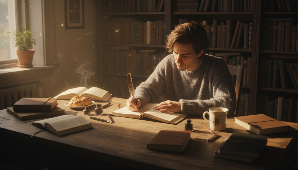 A cozy writing nook bathed in warm, natural light from a nearby window. In the foreground, a close-up of a wooden desk cluttered with notebooks, pens, and a steaming cup of tea. A thoughtful person, dressed in modest casual clothing, sits in the middle of the frame, deeply focused as they write in a leather-bound journal, reflecting on personal experiences. The background features a bookshelf filled with memoirs and narrative non-fiction, adding depth to the scene. Soft shadows cast by the sunlight create a tranquil atmosphere, evoking feelings of introspection and creativity, capturing the essence of memoir writing as a journey to personal truth. The camera angle is slightly elevated, emphasizing the writer's engaged expression and the intimate setting.