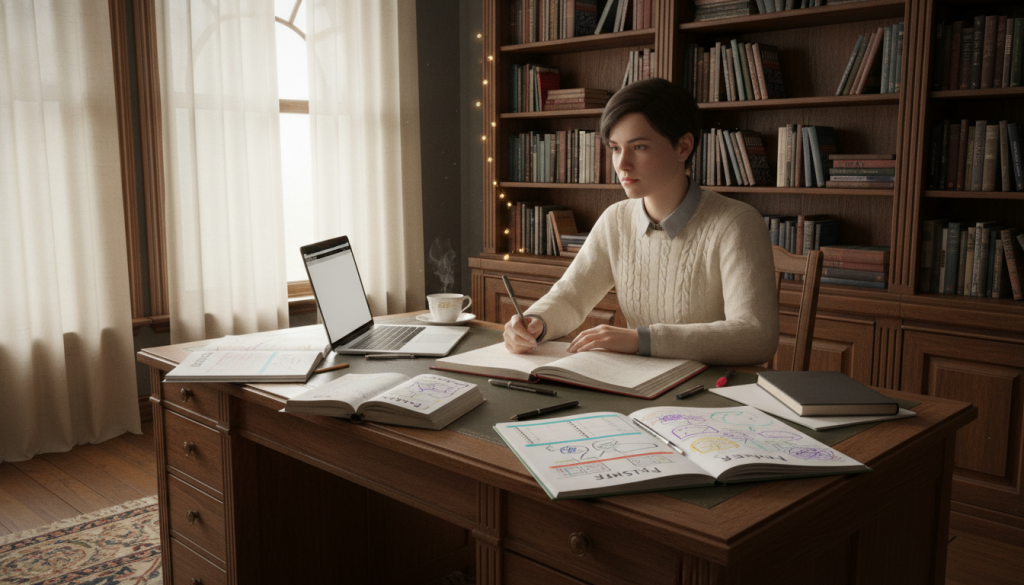 A cozy writing nook featuring a thoughtful writer sitting at a wooden desk, surrounded by notebooks, pens, and a laptop. In the foreground, the writer, wearing casual but professional attire, looks contemplative while jotting down ideas. The middle ground displays open notebooks filled with colorful notes representing different writing styles: plotter, pantser, and plotsers. In the background, a softly lit bookshelf filled with classic literature and writing guides provides a warm ambiance. Natural light streams through a nearby window, creating a tranquil atmosphere that inspires creativity. A steaming cup of tea sits on the desk, completing this serene scene of artistic exploration. The overall mood is reflective and inviting, encouraging the viewer to discover their own writing style. A cozy writing nook featuring a thoughtful writer sitting at a wooden desk, surrounded by notebooks, pens, and a laptop. In the foreground, the writer, wearing casual but professional attire, looks contemplative while jotting down ideas. The middle ground displays open notebooks filled with colorful notes representing different writing styles: plotter, pantser, and plotsers. In the background, a softly lit bookshelf filled with classic literature and writing guides provides a warm ambiance. Natural light streams through a nearby window, creating a tranquil atmosphere that inspires creativity. A steaming cup of tea sits on the desk, completing this serene scene of artistic exploration. The overall mood is reflective and inviting, encouraging the viewer to discover their own writing style.