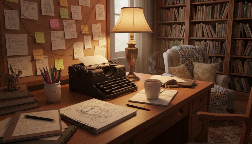 A cozy writing nook filled with inspiring elements for crafting compelling characters. In the foreground, a wooden desk cluttered with notebooks, a typewriter, and colorful pens. A steaming cup of tea or coffee rests beside a character sketch on an open notebook. In the middle ground, a wall covered with character profiles and post-it notes, reflecting diverse character traits. Soft, warm lighting bathes the scene from a lamp, creating an inviting atmosphere. In the background, a bookshelf filled with well-loved novels and writing guides, hinting at the journey of writing. The mood is creative and focused, evoking the joy of storytelling and character development. The lens captures a slightly angled view, highlighting the depth and richness of the creative space.