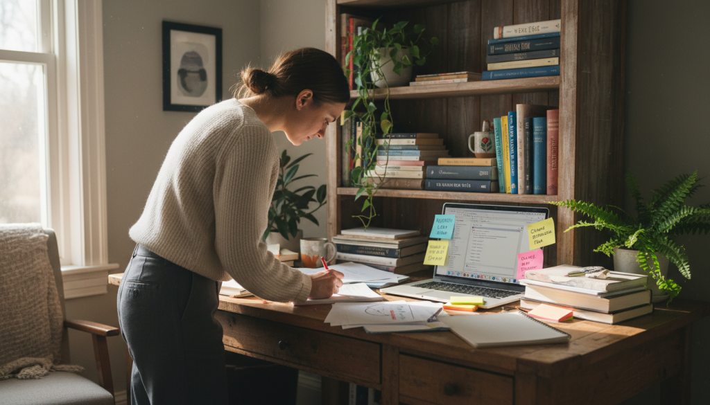 A cozy writing nook filled with natural light, featuring a wooden desk surrounded by scattered papers and notebooks. In the foreground, a focused individual in casual business attire is engaged in revising and editing their work, pen in hand, with marked-up pages visible. The middle of the scene shows an open laptop displaying a document, alongside colorful sticky notes that highlight key points. The background features a bookshelf filled with writing guides and literature, plants adding a touch of green for tranquility. Soft shadows create a warm, inspiring atmosphere, while the overall composition invites the viewer into the creative editing process of writing. A cozy writing nook filled with natural light, featuring a wooden desk surrounded by scattered papers and notebooks. In the foreground, a focused individual in casual business attire is engaged in revising and editing their work, pen in hand, with marked-up pages visible. The middle of the scene shows an open laptop displaying a document, alongside colorful sticky notes that highlight key points. The background features a bookshelf filled with writing guides and literature, plants adding a touch of green for tranquility. Soft shadows create a warm, inspiring atmosphere, while the overall composition invites the viewer into the creative editing process of writing.