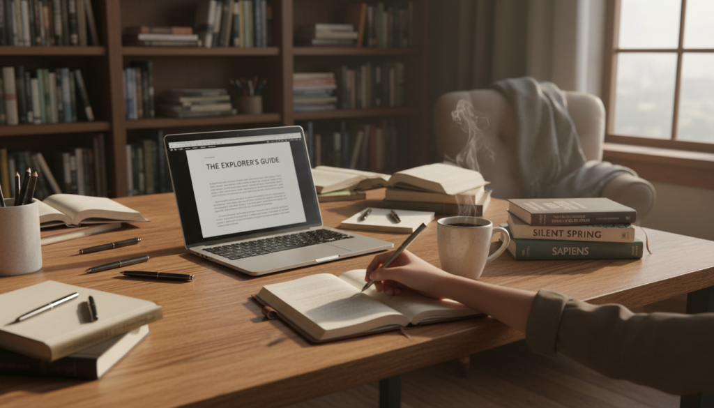 A cozy writing space designed for nonfiction authors, featuring a wooden desk cluttered with notebooks, pens, and a laptop displaying a nonfiction manuscript. In the foreground, a hand is seen writing in a notebook, pen poised above the page. In the middle, a warm cup of coffee rests next to a stack of nonfiction books. The background showcases a softly lit bookshelf filled with literary classics, and a window letting in gentle daylight, casting natural shadows. The overall atmosphere is serene and inspiring, evoking focus and creativity. The scene is shot from a slightly elevated angle, capturing both the foreground and the inviting ambiance of the writing space, enhancing the mood of dedication to the craft.