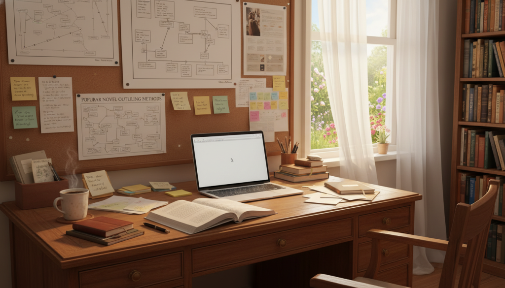 A cozy writing workspace featuring a wooden desk scattered with organized notes, colorful sticky notes, and outlined story arcs pinned to a corkboard. A large, softback book titled "Popular Novel Outlining Methods" sits open, displaying its diagrams. In the foreground, a steaming cup of coffee rests beside a neat stack of notebooks, while a laptop captures the essence of modern writing. In the middle ground, a large window reveals a sunlit garden, with curtains gently billowing in the breeze, adding a serene atmosphere. The background features a bookshelf filled with classic novels and writing guides, enriching the setting. The lighting is warm and inviting, creating an atmosphere of inspiration and creativity, ideal for aspiring novelists.