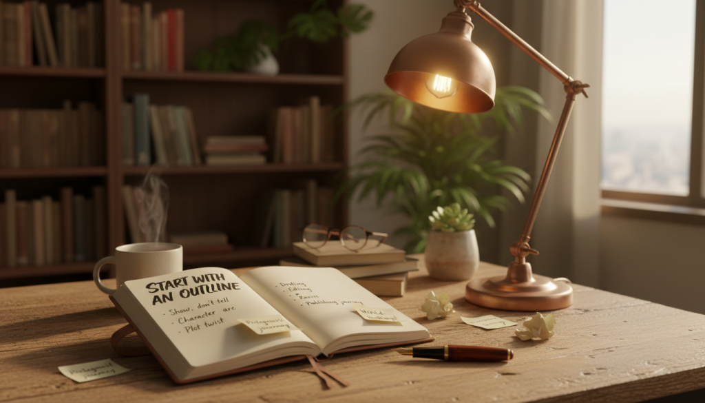 A cozy writing workspace featuring an open notebook, a fountain pen, and scattered notes on a wooden desk, surrounded by a warm, inviting atmosphere. In the foreground, the notebook has handwritten notes with phrases like "Start with an outline" and "Show, don't tell," creating a sense of essential writing tips for first-time authors. The middle ground includes a soft-lit desk lamp casting a gentle glow, illuminating the workspace. In the background, a bookshelf filled with various books and a potted plant adds a touch of greenery. The scene is captured with a shallow depth of field, emphasizing the desk while softly blurring the background, creating a focused and inspiring mood perfect for aspiring writers. The overall lighting is warm and inviting, encouraging creativity. A cozy writing workspace featuring an open notebook, a fountain pen, and scattered notes on a wooden desk, surrounded by a warm, inviting atmosphere. In the foreground, the notebook has handwritten notes with phrases like "Start with an outline" and "Show, don't tell," creating a sense of essential writing tips for first-time authors. The middle ground includes a soft-lit desk lamp casting a gentle glow, illuminating the workspace. In the background, a bookshelf filled with various books and a potted plant adds a touch of greenery. The scene is captured with a shallow depth of field, emphasizing the desk while softly blurring the background, creating a focused and inspiring mood perfect for aspiring writers. The overall lighting is warm and inviting, encouraging creativity.
