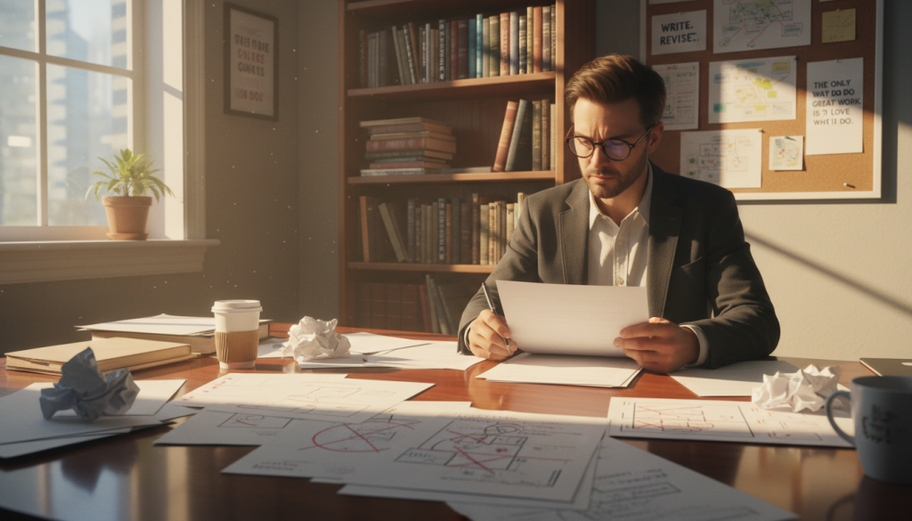 A cozy writing workspace filled with books and notes on a polished wooden desk, where a focused writer with glasses is reviewing a manuscript. The writer is dressed in smart casual clothing, surrounded by scattered papers that display a chaotic chapter structure. Sunlight streams in through a nearby window, casting a warm glow over the scene, creating a sense of serenity. In the background, an organized bookshelf holds various writing reference books, while a corkboard showcases motivational quotes and brainstorming ideas. The atmosphere is calm yet productive, reflecting the process of problem-solving in writing, with a lens perspective that emphasizes depth and clarity on the writer's thoughtful expression.