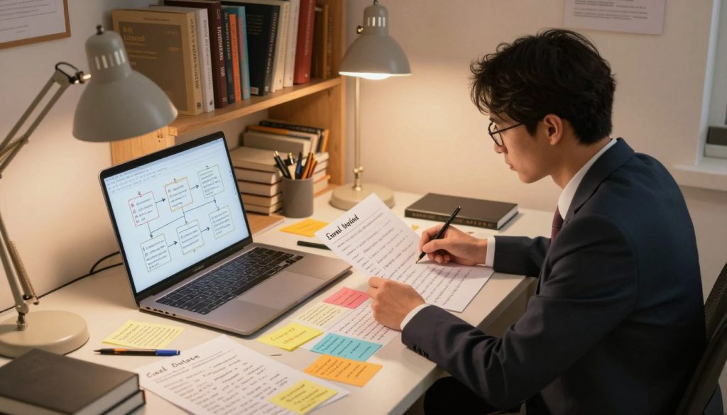 A creative workspace depicting the Scene and Sequel Method for storytelling. In the foreground, a cluttered desk with handwritten notes and colorful index cards outlining various scenes. A laptop displays a flowchart illustrating the transitions between scenes. In the middle ground, a thoughtful writer in professional business attire, examining their notes under warm, soft lighting from a desk lamp, creating an intimate atmosphere. In the background, a bookshelf filled with classic novels and writing guides, providing inspiration. The overall mood is focused and contemplative, highlighting the process of structuring a narrative while avoiding chaos. The composition is shot from a high angle, giving a comprehensive view of the workspace arrangement and the writer's engagement with the material.
