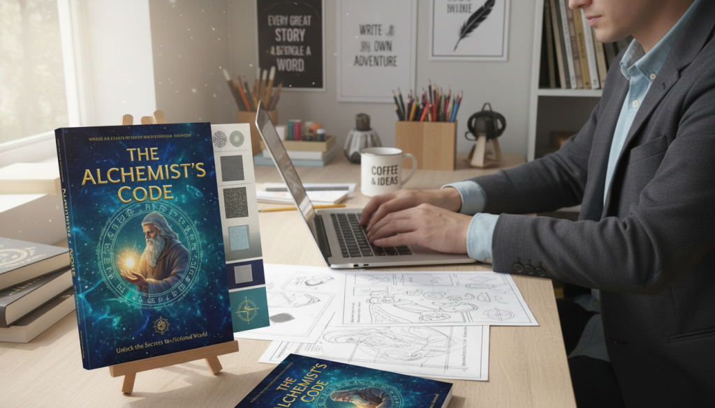 A creative workspace featuring a book cover design setup, with a beautifully illustrated book cover mockup prominently displayed in the foreground. The mockup showcases various design elements, such as eye-catching typography, vibrant colors, and compelling imagery that appeal to potential readers. In the middle ground, a designer, dressed in professional business attire, is focused on a laptop, sketches of potential covers scattered on the desk alongside a coffee cup. The background features a bright, inviting studio space filled with art supplies, bookshelves, and inspirational prints on the walls. Soft, natural lighting streams through a window, creating a warm and motivating atmosphere, perfect for beginners embarking on their writing journey. The angle is slightly overhead, capturing the essence of creativity and determination. A creative workspace featuring a book cover design setup, with a beautifully illustrated book cover mockup prominently displayed in the foreground. The mockup showcases various design elements, such as eye-catching typography, vibrant colors, and compelling imagery that appeal to potential readers. In the middle ground, a designer, dressed in professional business attire, is focused on a laptop, sketches of potential covers scattered on the desk alongside a coffee cup. The background features a bright, inviting studio space filled with art supplies, bookshelves, and inspirational prints on the walls. Soft, natural lighting streams through a window, creating a warm and motivating atmosphere, perfect for beginners embarking on their writing journey. The angle is slightly overhead, capturing the essence of creativity and determination.