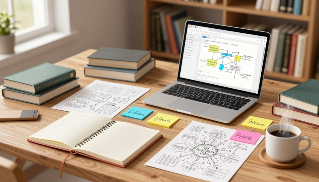 A creative workspace featuring a large wooden desk cluttered with various books on outlining methods for authors, such as detailed diagrams and mind maps spread out. In the foreground, a neatly opened notebook and a steaming cup of coffee add a personal touch. In the middle, vibrant post-it notes in assorted colors showcase different outlining ideas. A laptop is open, displaying an outlining software interface, with a visible flowchart. In the background, a soft-focus bookshelf filled with classic literature and writing guides sets a scholarly mood. Warm, natural light spills in from a nearby window, creating an inviting and motivational atmosphere, encouraging authors to explore their writing potential. The overall feel is professional yet cozy, capturing the essence of a dedicated writer's environment.