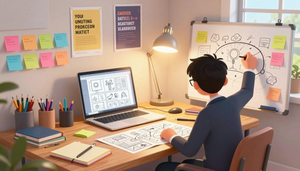 A creative workspace overflowing with inspiration, showcasing a large wooden desk covered in colorful storyboards, notebooks, and art supplies. In the foreground, a person in professional business attire is enthusiastically sketching a story arc on a whiteboard, surrounded by vibrant post-it notes. The middle ground features an open laptop displaying a digital outline of a narrative structure, while a bright desk lamp casts warm light, enhancing the focus. In the background, motivational posters adorn the walls, and a window reveals a sunny outdoor scene, creating an inviting atmosphere. The mood is dynamic and energetic, emphasizing creativity and innovation within a structured storytelling framework, captured in soft-focus, with a wide-angle lens to convey depth and inspiration.