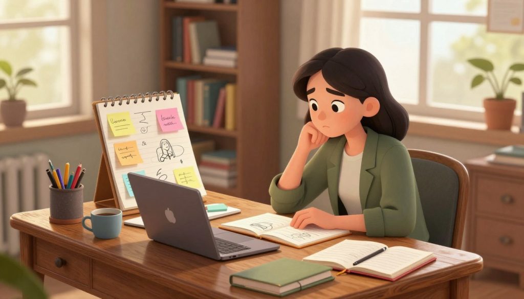A creatively charged workspace featuring a young writer, a woman in a smart casual outfit, sitting at an antique wooden desk cluttered with notebooks, pens, and a laptop. She is deep in thought, gazing at a large notepad filled with colorful sticky notes, outlining ideas for her main character. The foreground highlights her focused expression, while the middle layer showcases the desk items that spark her creativity. In the background, a cozy book-filled shelf and a large window with soft daylight streaming in create a warm, inviting atmosphere. Utilize soft, diffused lighting to enhance the mood, and capture this scene with a slightly elevated angle to emphasize her determination and the creative chaos surrounding her.