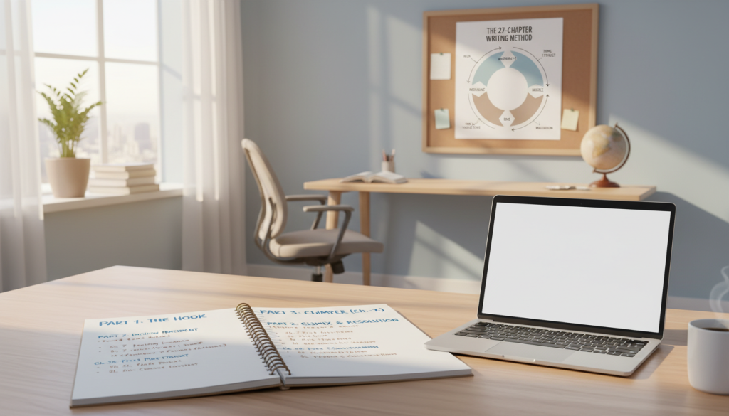 A detailed and organized chapter outline using the 27-chapter method displayed prominently on a clean, modern workspace. In the foreground, a large, open notebook with neatly written headings and bullet points, showcasing the structure of each chapter, is placed next to a sleek laptop. In the middle, a printed diagram illustrates the 27-chapter framework, with arrows connecting different sections for clarity. The background features a bright, airy office with natural light pouring in through a window, casting soft shadows. The mood is inspirational and motivational, with a warm color palette of light blues and soft browns. The image conveys a sense of productivity and creativity, inviting viewers to explore the power of structured writing.