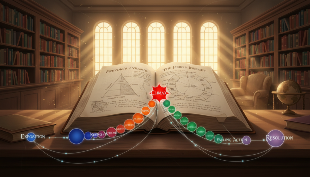 A detailed illustration depicting the structure of plot points and narrative turning points in storytelling. In the foreground, showcase an elegant flowing diagram, featuring key elements like the exposition, rising action, climax, falling action, and resolution, represented as vibrant nodes. In the middle ground, create a book opened to a page filled with notes and sketches highlighting various narrative frameworks, like Freytag's Pyramid and The Hero's Journey. In the background, include a serene library setting with warm, ambient lighting streaming through large windows, casting soft shadows on wooden shelves lined with classic literature. The atmosphere should be inviting and scholarly, evoking a sense of curiosity and inspiration for writers. Use a wide-angle lens to capture the intricate details and the overall composition, ensuring clarity and emphasis on the diagram without any text or distractions. A detailed illustration depicting the structure of plot points and narrative turning points in storytelling. In the foreground, showcase an elegant flowing diagram, featuring key elements like the exposition, rising action, climax, falling action, and resolution, represented as vibrant nodes. In the middle ground, create a book opened to a page filled with notes and sketches highlighting various narrative frameworks, like Freytag's Pyramid and The Hero's Journey. In the background, include a serene library setting with warm, ambient lighting streaming through large windows, casting soft shadows on wooden shelves lined with classic literature. The atmosphere should be inviting and scholarly, evoking a sense of curiosity and inspiration for writers. Use a wide-angle lens to capture the intricate details and the overall composition, ensuring clarity and emphasis on the diagram without any text or distractions.