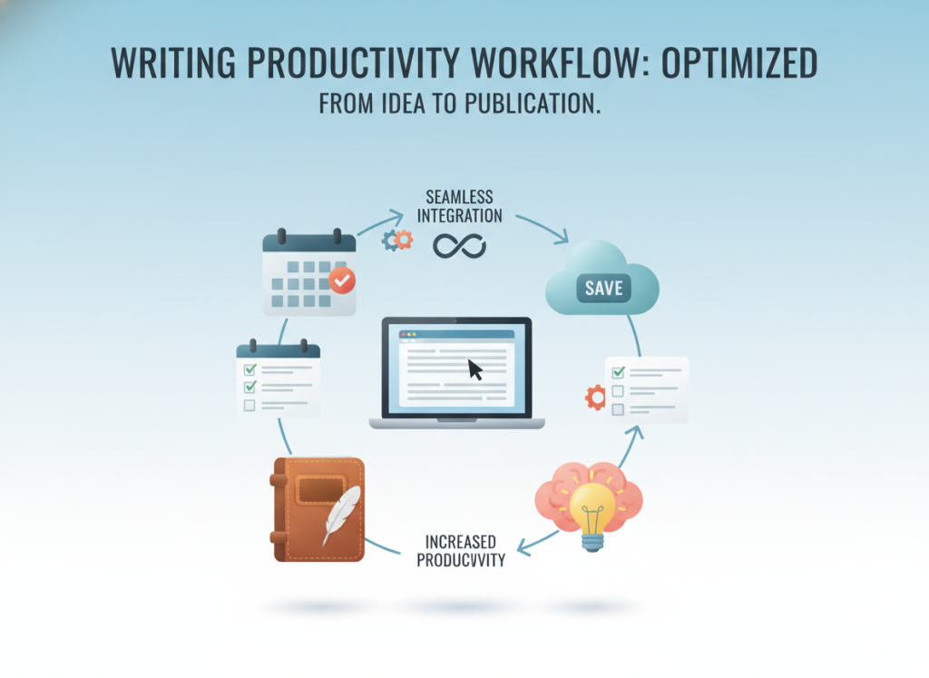A detailed infographic showcasing a workflow comparison of writing productivity tools. In the foreground, feature vibrant icons representing various writing apps, such as notebooks, text editors, and project management tools, arranged in a circular flow chart format. In the middle, include diverse graphics illustrating the seamless integration of these tools, like arrows connecting them with visual enhancements like gears and checklists. The background should be a soft gradient, transitioning from light blue to white, conveying a sense of clarity and organization. Use soft, diffused lighting to create a calm atmosphere, emphasizing professionalism and focus. The overall mood should evoke inspiration and efficiency, appealing to authors seeking streamlined writing processes.