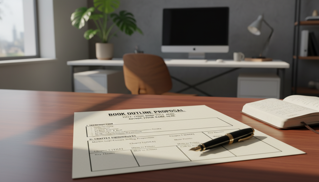 A detailed nonfiction book outline template displayed on an elegant wooden desk, with a soft-focus background of a modern office setting. In the foreground, the template features neatly organized sections, such as "Introduction," "Target Audience," and "Chapter Summaries," written in clear, centered text. A stylish fountain pen rests beside the template, suggesting an atmosphere of creativity and professionalism. Natural daylight pours in through a window, casting gentle shadows to highlight the textured paper of the outline. The mood is inspiring and focused, ideal for someone developing their book proposal. Subtle hints of greenery from a potted plant in the background add a touch of calmness to the workspace ambiance.