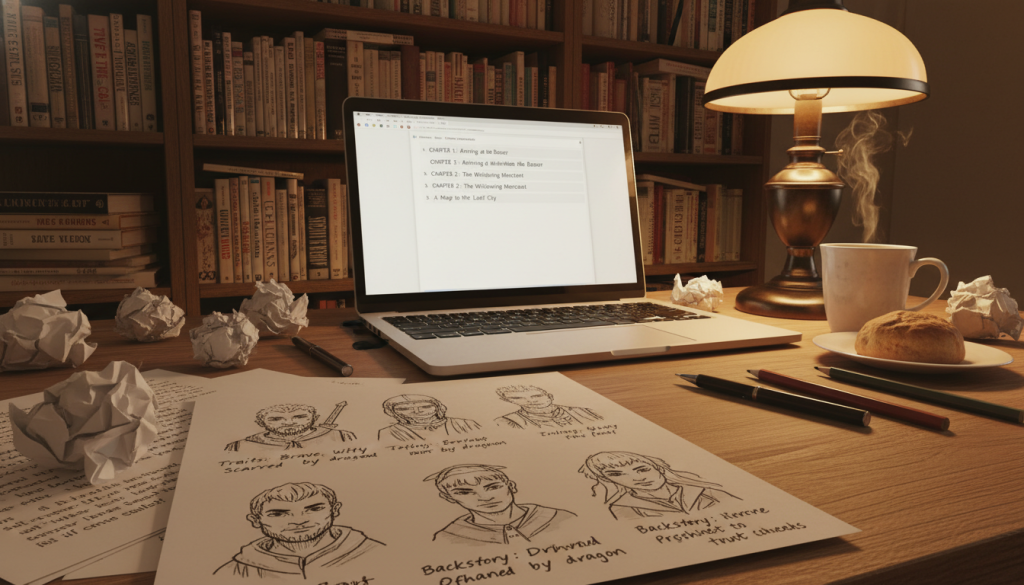 A detailed writer's desk filled with character sketches, notes, and a laptop open to a word document displaying an outline. In the foreground, a close-up of a character sheet showing diverse characters with different traits, settings, and backstories. In the middle, a creative workspace with a warm desk lamp casting a soft glow, illuminating scattered papers and a steaming cup of coffee. In the background, a cozy bookshelf lined with books on writing and storytelling, adding depth to the scene. The overall mood is inspiring and focused, captured in warm tones. The angle is slightly tilted, inviting viewers into the creative process without any human figures present.