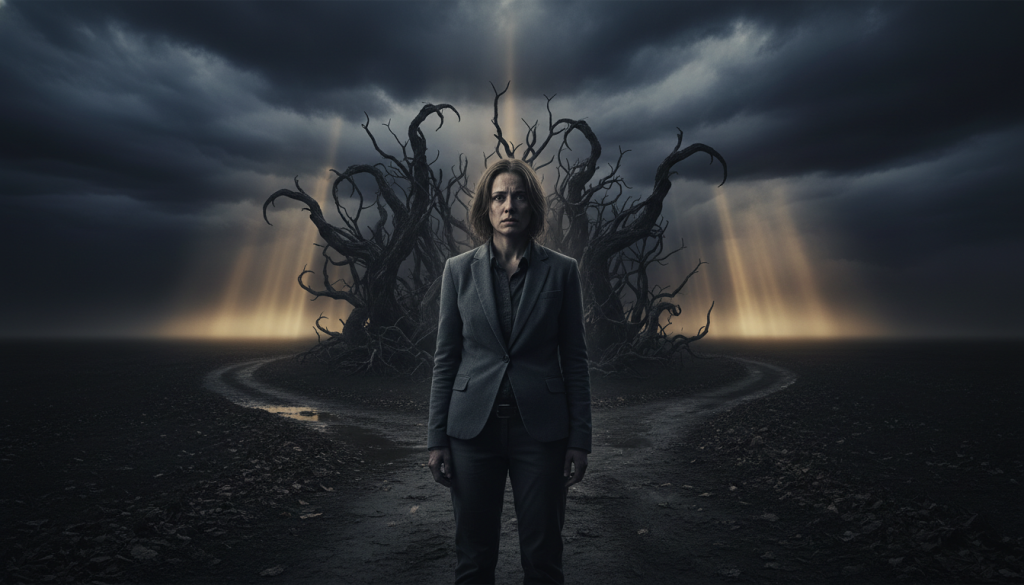 A dimly lit, dramatic scene illustrating the "Ordeal" in storytelling. In the foreground, a weary protagonist, dressed in modest, professional attire, stands at a crossroads, their expression a mix of despair and determination. In the middle ground, a symbolic dark forest looms, representing the challenges and uncertainties they face, with twisted branches reaching out as if to prevent their passage. In the background, a stormy sky casts a moody atmosphere, enhancing the feeling of hopelessness. Light breaks through the clouds in rays, suggesting a glimmer of hope. Use a cinematic angle to capture the emotional weight of the moment, with soft, diffused lighting highlighting the protagonist’s face, while maintaining overall deep shadows for depth and drama.