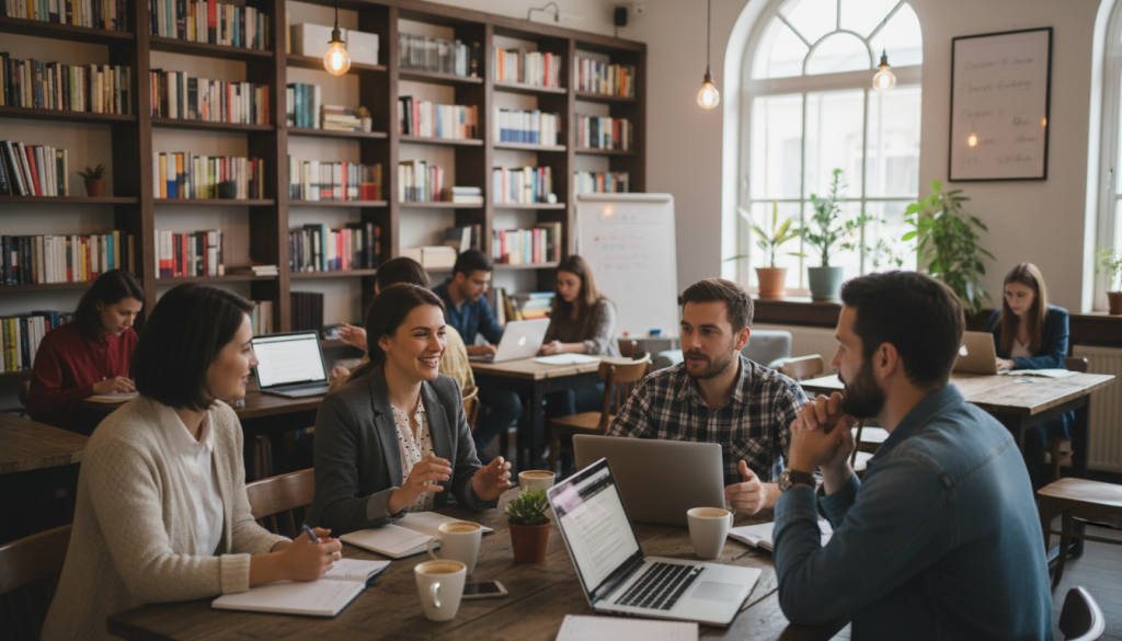 A diverse community of writers is gathered in a cozy, well-lit coffee shop, supporting one another in their journey to become authors. In the foreground, a mixed group of four individuals—two women and two men—are engaged in lively discussion, sharing ideas while sitting at a rustic wooden table piled with notebooks, laptops, and coffee cups. The women, dressed in professional casual attire, have warm expressions and body language that conveys encouragement. In the middle ground, other patrons work in pairs or small groups, immersed in editing manuscripts or brainstorming, creating an inspiring atmosphere of collaboration. The background features bookshelves filled with a variety of literary works, soft ambient lighting, and large windows that let in natural light, enhancing the inviting mood of community and creativity in the writing process.