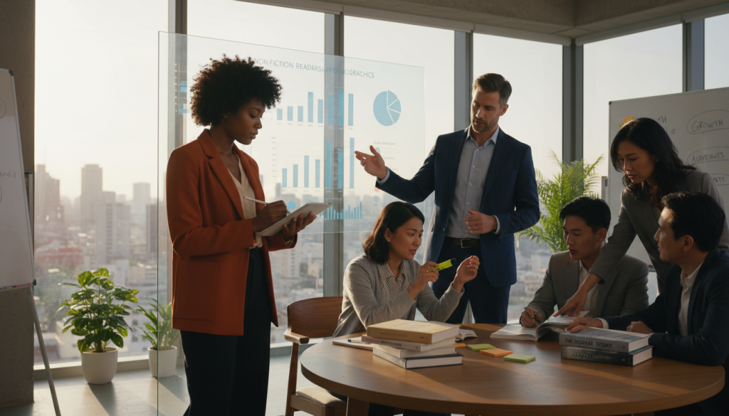 A diverse group of professionals in a bright, modern office setting, deeply engaged in a brainstorming session about nonfiction book sales. In the foreground, a woman in smart casual attire takes notes on a digital tablet, while a man in a business suit presents demographic charts on a large screen behind him. In the middle ground, a thoughtful woman reviews a stack of books, highlighting target market research. The background features floor-to-ceiling windows, allowing warm, natural light to illuminate the room, creating an optimistic and inspiring atmosphere. The focus is on collaboration and strategy, subtly suggesting growth and understanding of the market. A diverse group of professionals in a bright, modern office setting, deeply engaged in a brainstorming session about nonfiction book sales. In the foreground, a woman in smart casual attire takes notes on a digital tablet, while a man in a business suit presents demographic charts on a large screen behind him. In the middle ground, a thoughtful woman reviews a stack of books, highlighting target market research. The background features floor-to-ceiling windows, allowing warm, natural light to illuminate the room, creating an optimistic and inspiring atmosphere. The focus is on collaboration and strategy, subtly suggesting growth and understanding of the market.