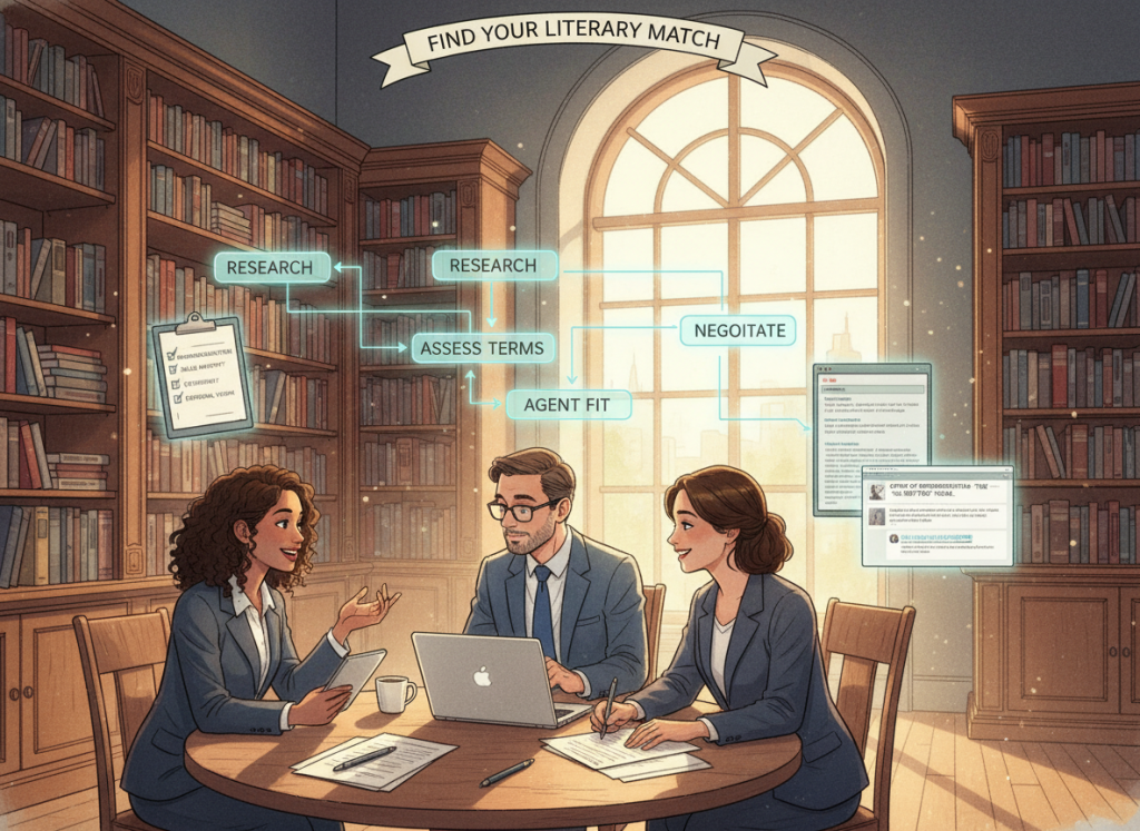 A dynamic and engaging illustration of the "representation offer evaluation process" for aspiring authors. In the foreground, depict a diverse group of three individuals dressed in professional business attire, engaged in a discussion around a table scattered with documents, laptops, and a coffee cup. In the middle ground, include visual elements like flowcharts, checklists, and an open laptop showing email correspondence, symbolizing the evaluation process. In the background, feature bookshelves lined with literary works and a large window allowing soft, natural light to illuminate the scene, conveying a productive and hopeful atmosphere. Use a wide-angle perspective to capture the collaborative energy, while maintaining a focus on the human interactions. The overall mood should be encouraging and professional, highlighting the importance of connecting with the right literary agent. A dynamic and engaging illustration of the "representation offer evaluation process" for aspiring authors. In the foreground, depict a diverse group of three individuals dressed in professional business attire, engaged in a discussion around a table scattered with documents, laptops, and a coffee cup. In the middle ground, include visual elements like flowcharts, checklists, and an open laptop showing email correspondence, symbolizing the evaluation process. In the background, feature bookshelves lined with literary works and a large window allowing soft, natural light to illuminate the scene, conveying a productive and hopeful atmosphere. Use a wide-angle perspective to capture the collaborative energy, while maintaining a focus on the human interactions. The overall mood should be encouraging and professional, highlighting the importance of connecting with the right literary agent.
